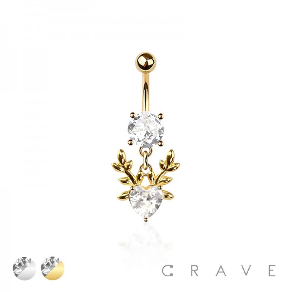 316L SURGICAL STEEL CZ DEER HEAR DANGLE BELLY BUTTON NAVEL RING 